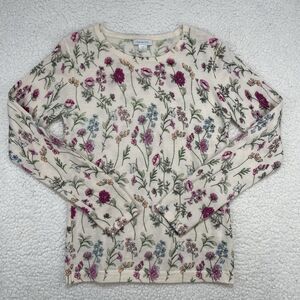 Garnet Hill Floral 100% Merino Wool Knit Crewneck Sweater Womens Small Cottage